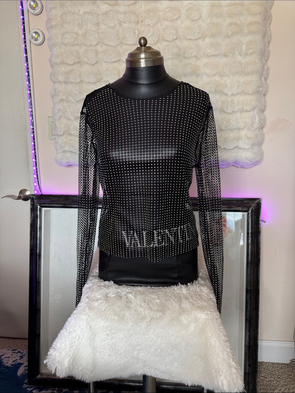 Orange Kiss  Black Rhinestone Mesh Long-Sleeve Top